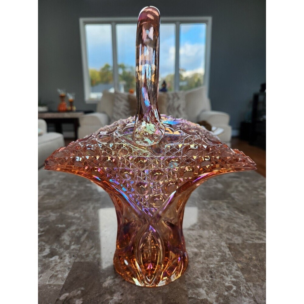 Vintage L.E.Smith Carnival Glass Pink Bride's Basket Vase, 12" - Picture 7 of 7